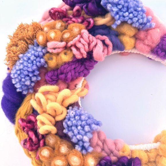 Handwoven Moon Wall Hanging Crescent Floral Moon Wall Art Golden Berry Purple - Picture 2 of 3